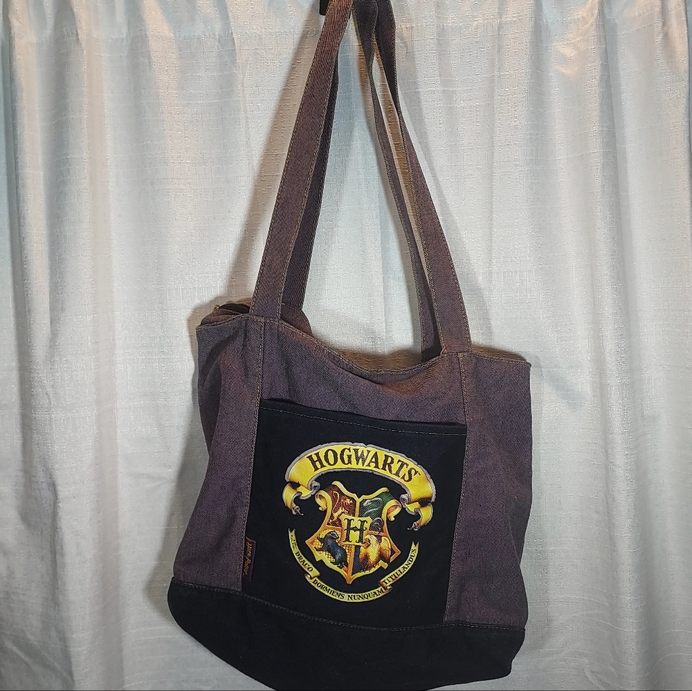 Harry Potter Hogwarts Crest Denim Zippered Handled Tote Bag 2001 Y2K 15 x 11 In